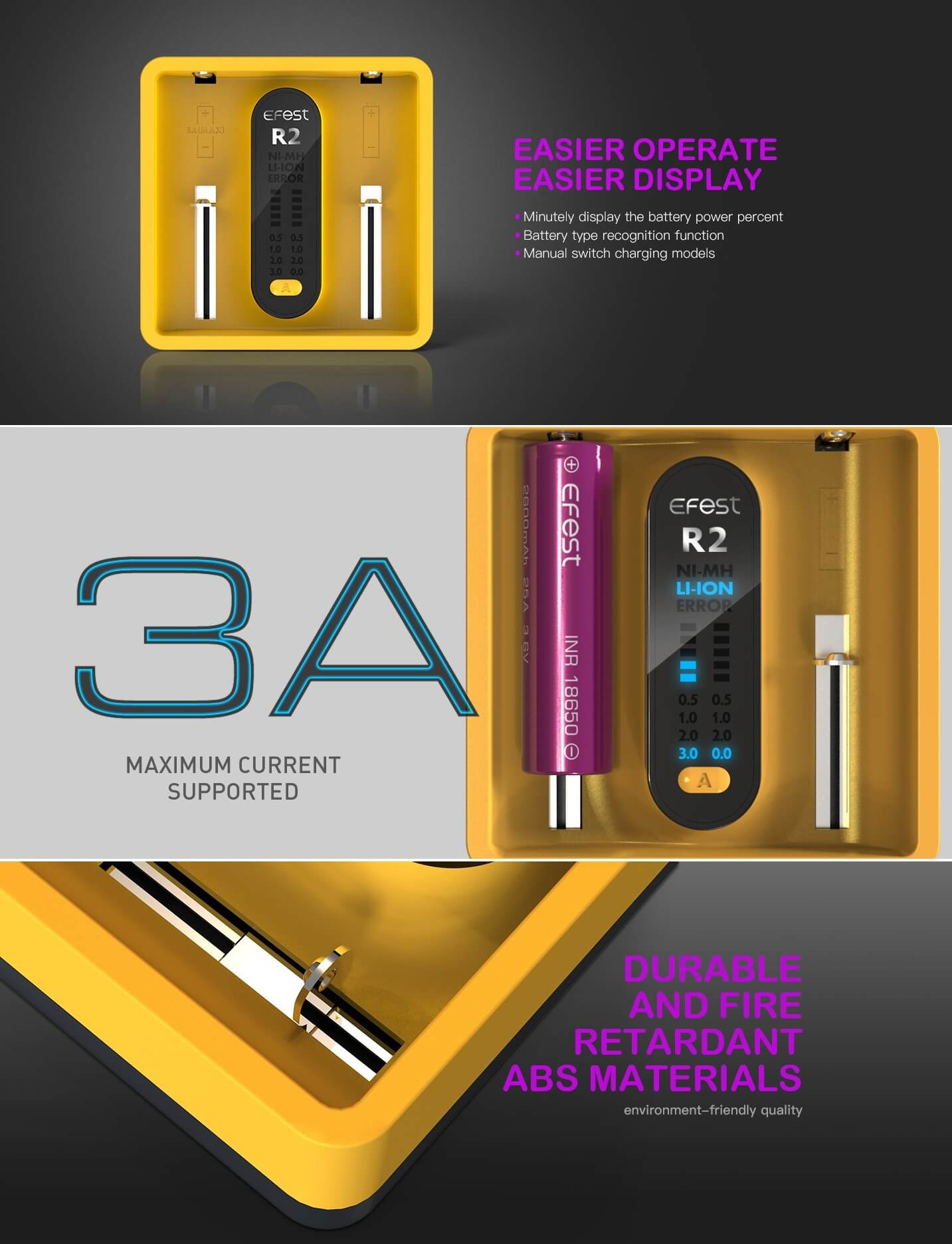 Cargador Efest iMate R2 con entrada USB-C para baterías recargables 18650 y 21700